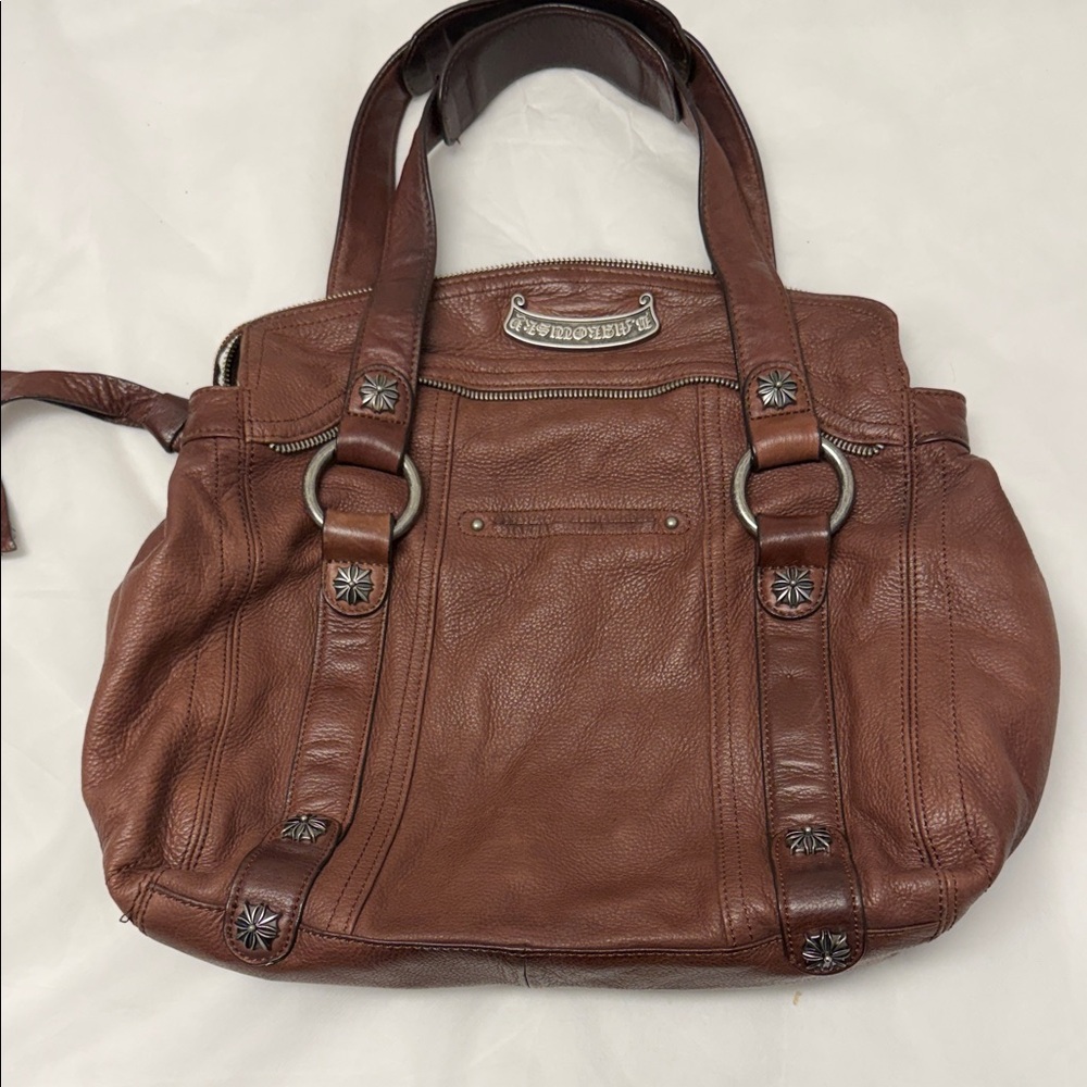 b. makowsky Brown Leather Shoulder Tote with Stud Accents